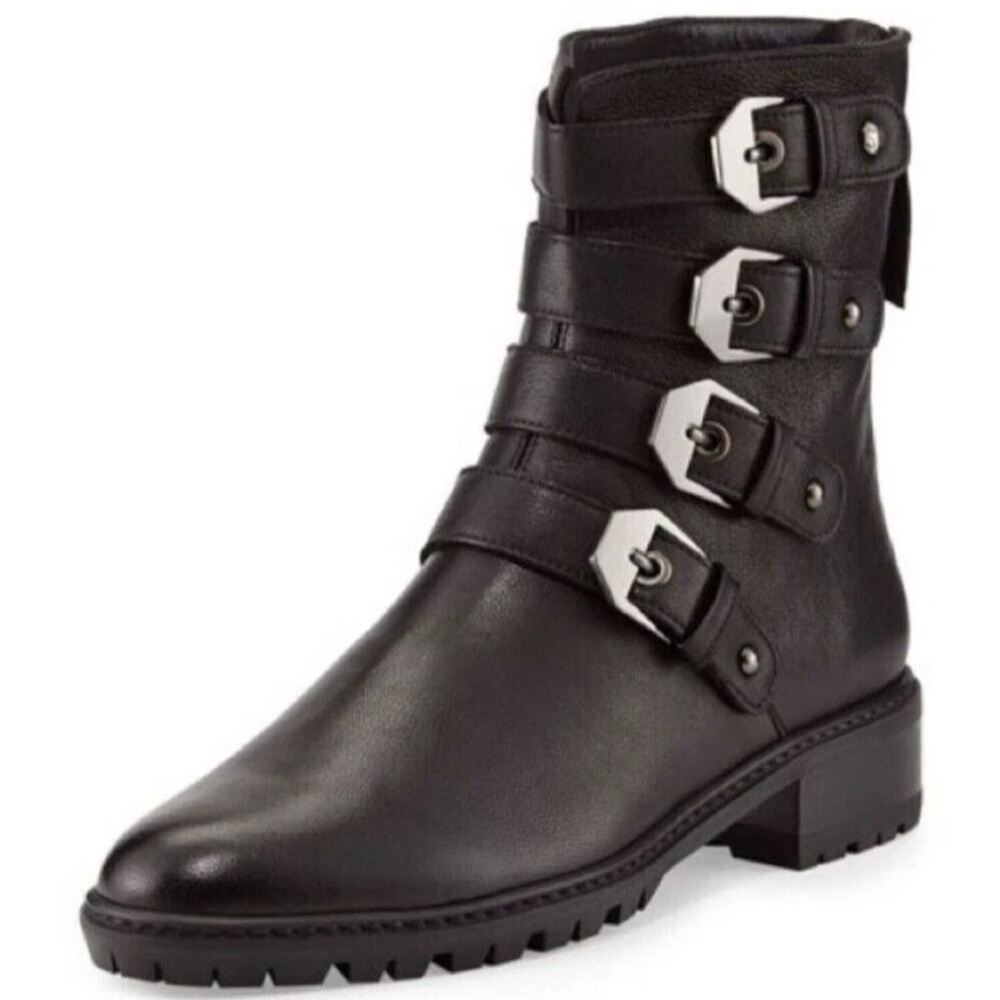 Stuart Weitzman Jitterbug Leather Moto Buckle Boots Black size 7.5